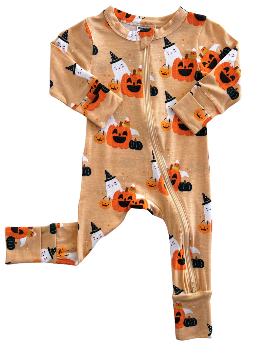 Halloween-themed baby onesie with ghosts and pumpkins on a beige background. Zipper front for easy dressing.