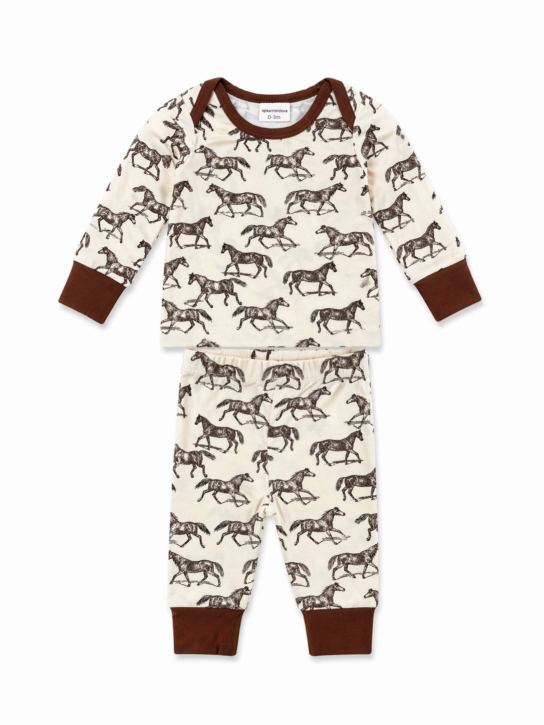 Child's pajama set featuring a horse pattern, with a long-sleeve shirt and matching pants in soft fabric.