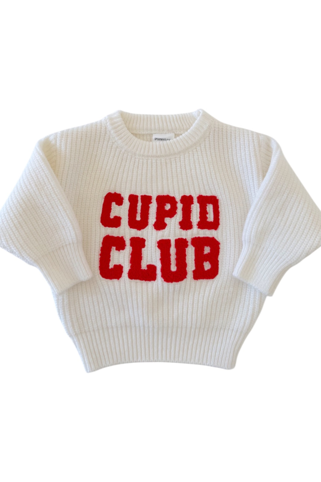 White sweater with "CUPID CLUB" in red letters on the front, featuring a ribbed texture and wide sleeves.