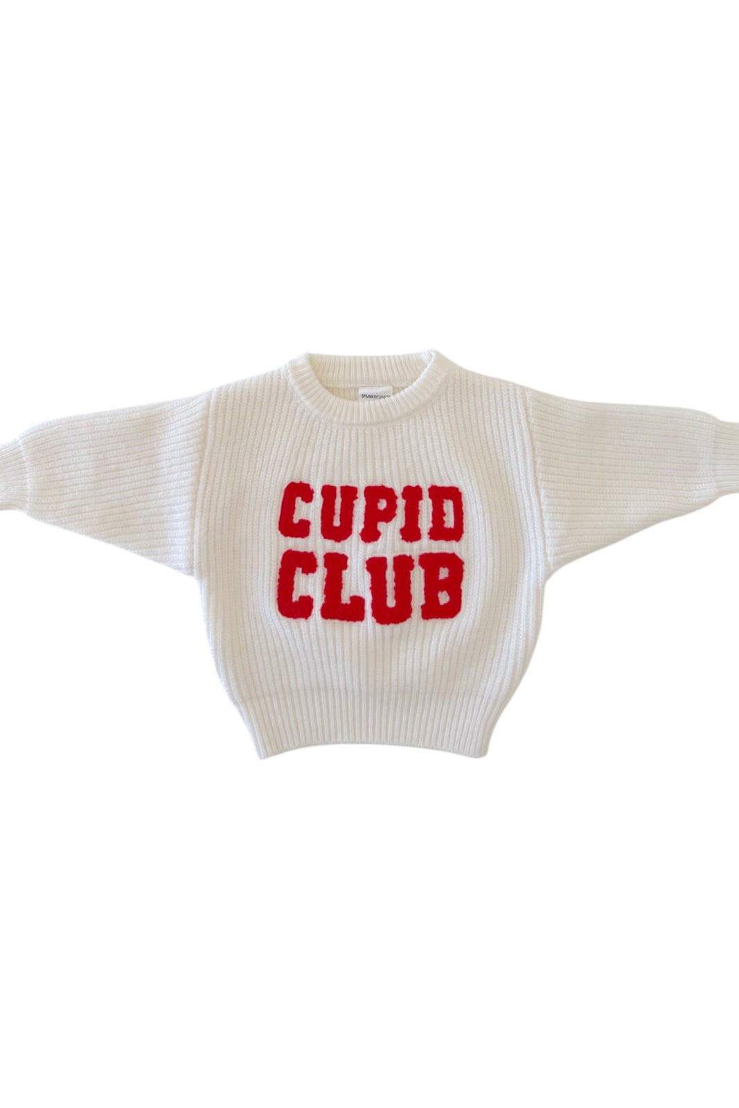 White sweater with red "Cupid Club" lettering on the front, featuring a cozy oversized design.