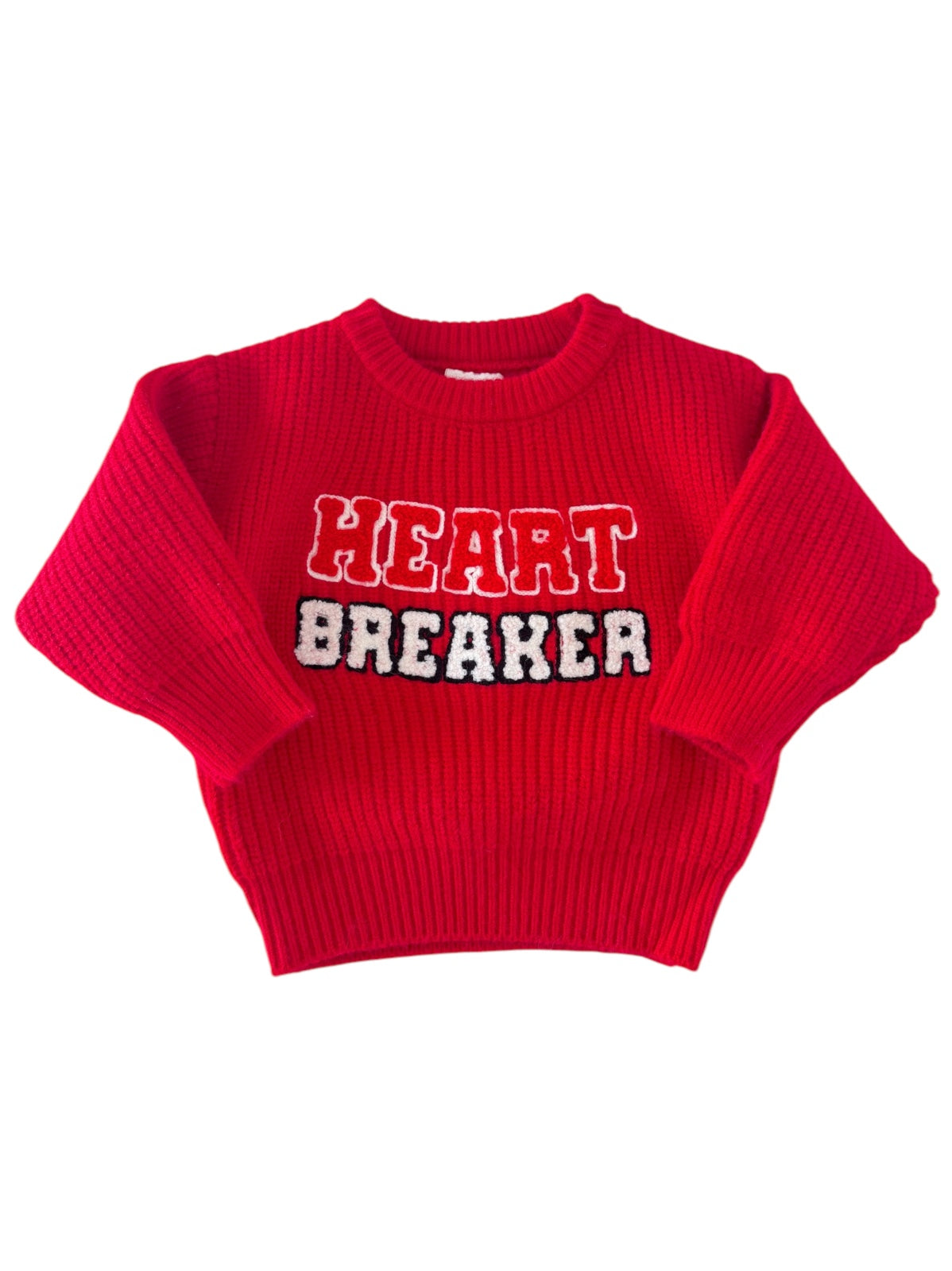Red knitted sweater with "HEART BREAKER" text in bold, contrasting colors. Casual fashion for kids or adults.
