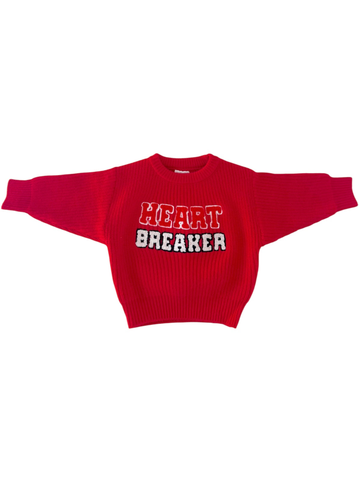 Red knit sweater with "HEART BREAKER" text in bold, playful font. Suitable for casual wear.