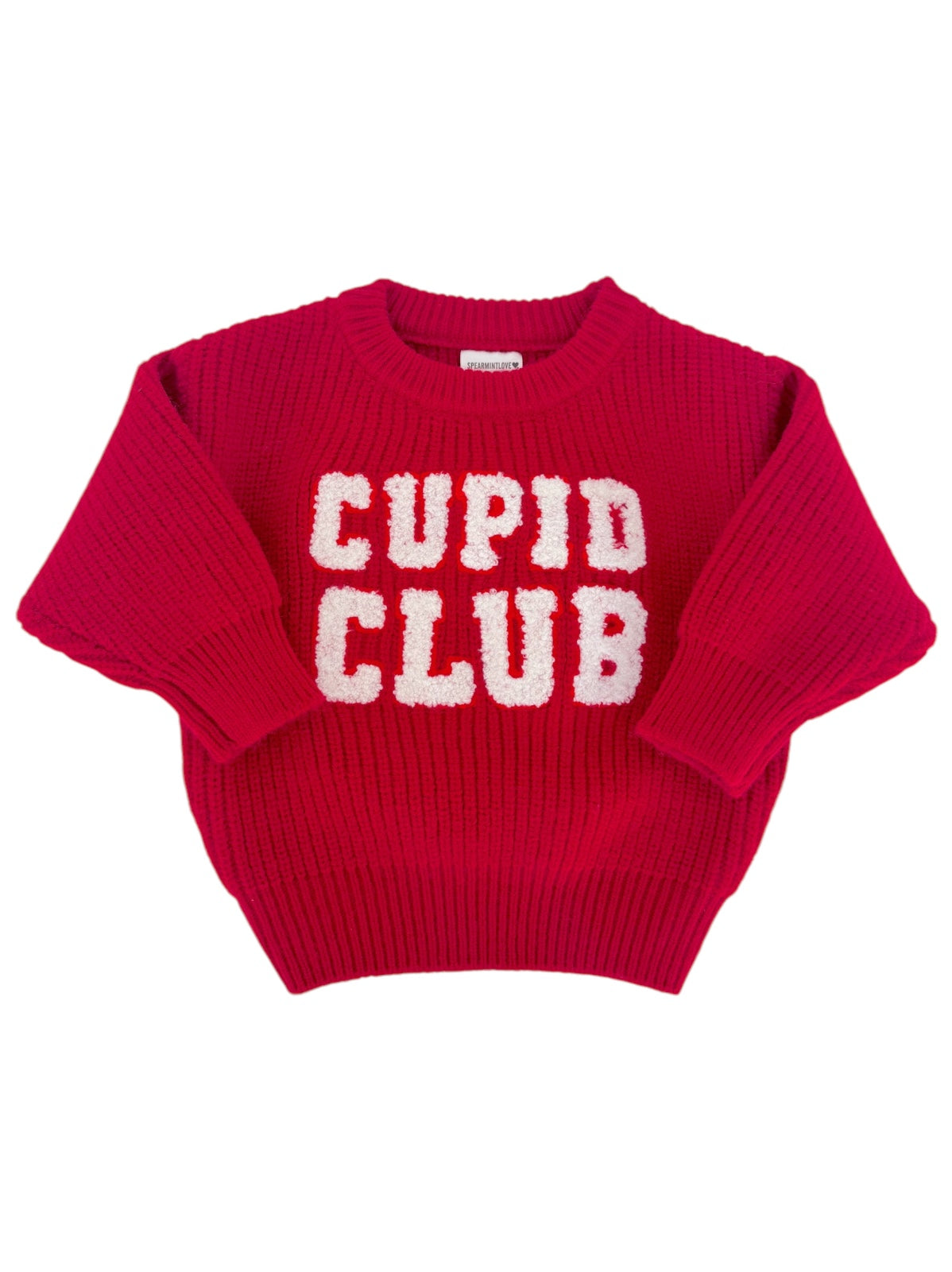 Red sweater with "CUPID CLUB" written in white, featuring a cozy ribbed texture and oversized sleeves.