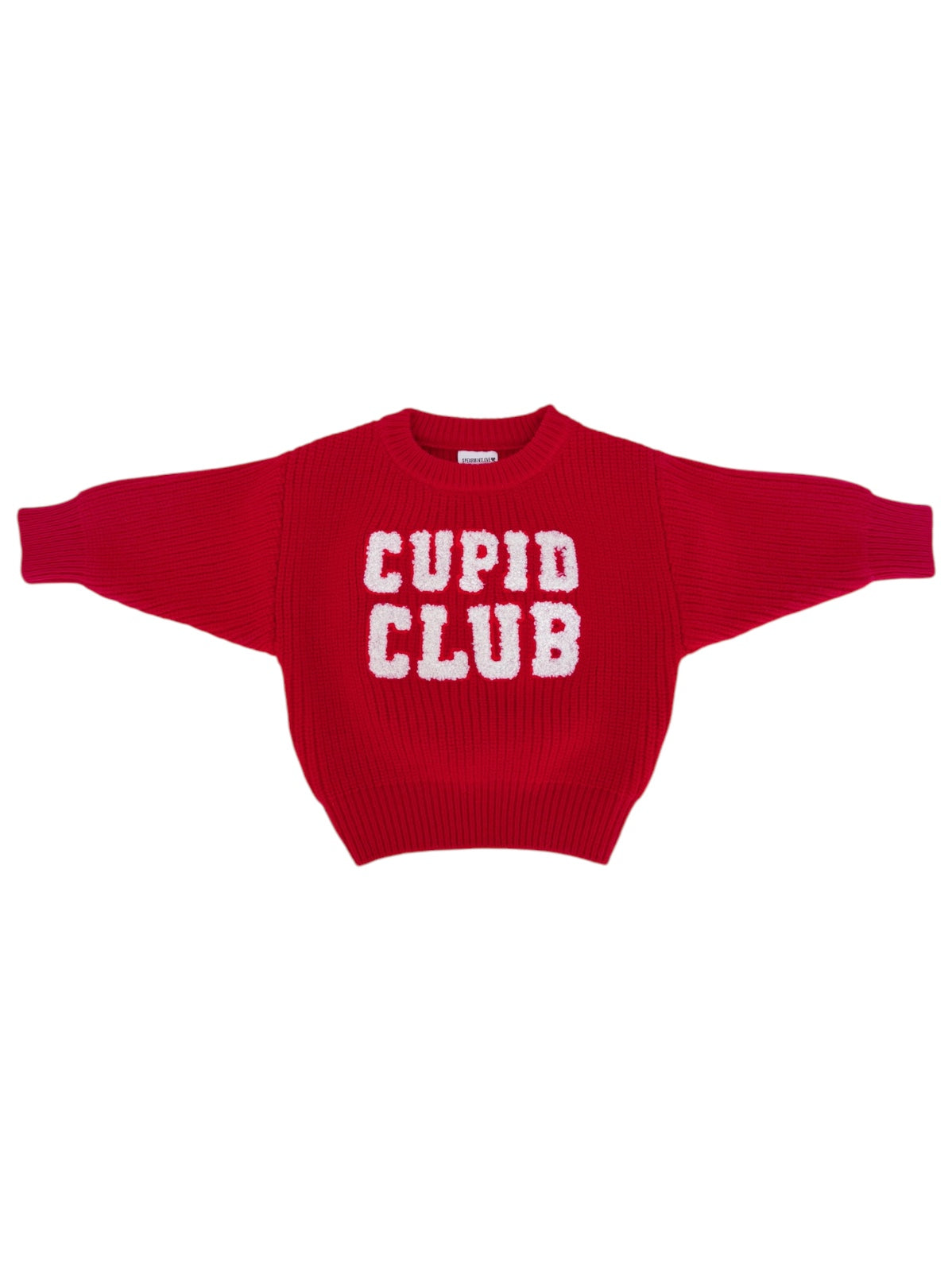 Red sweater with the text "CUPID CLUB" in white, featuring a loose fit and ribbed texture.
