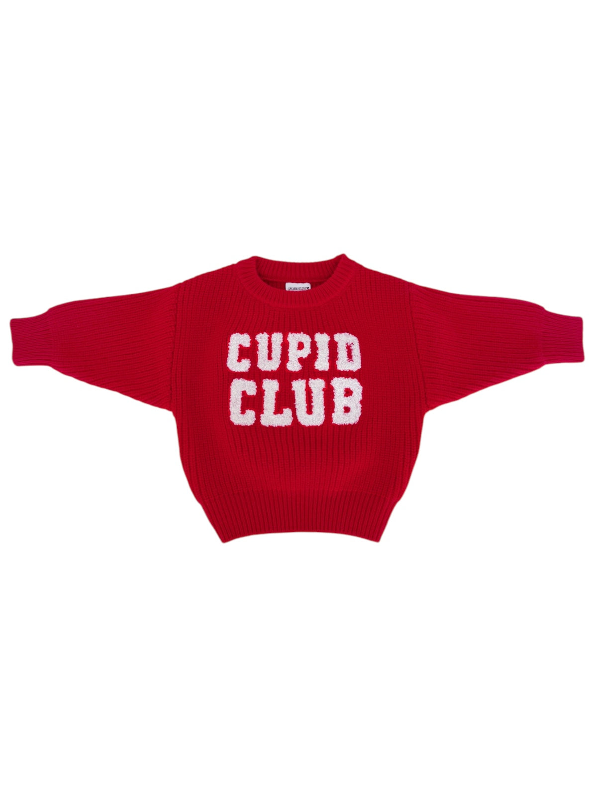 Red sweater with the text "CUPID CLUB" in white, featuring a loose fit and ribbed texture.