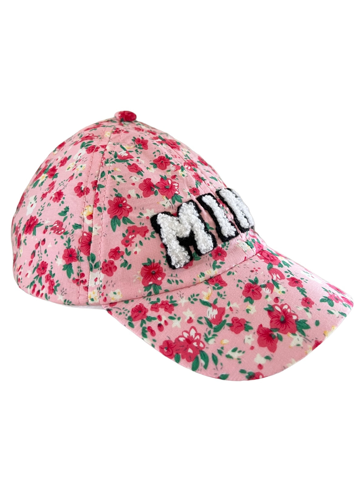 Pink floral baseball cap with "MINI" text on the front. Perfect for casual outdoor wear.