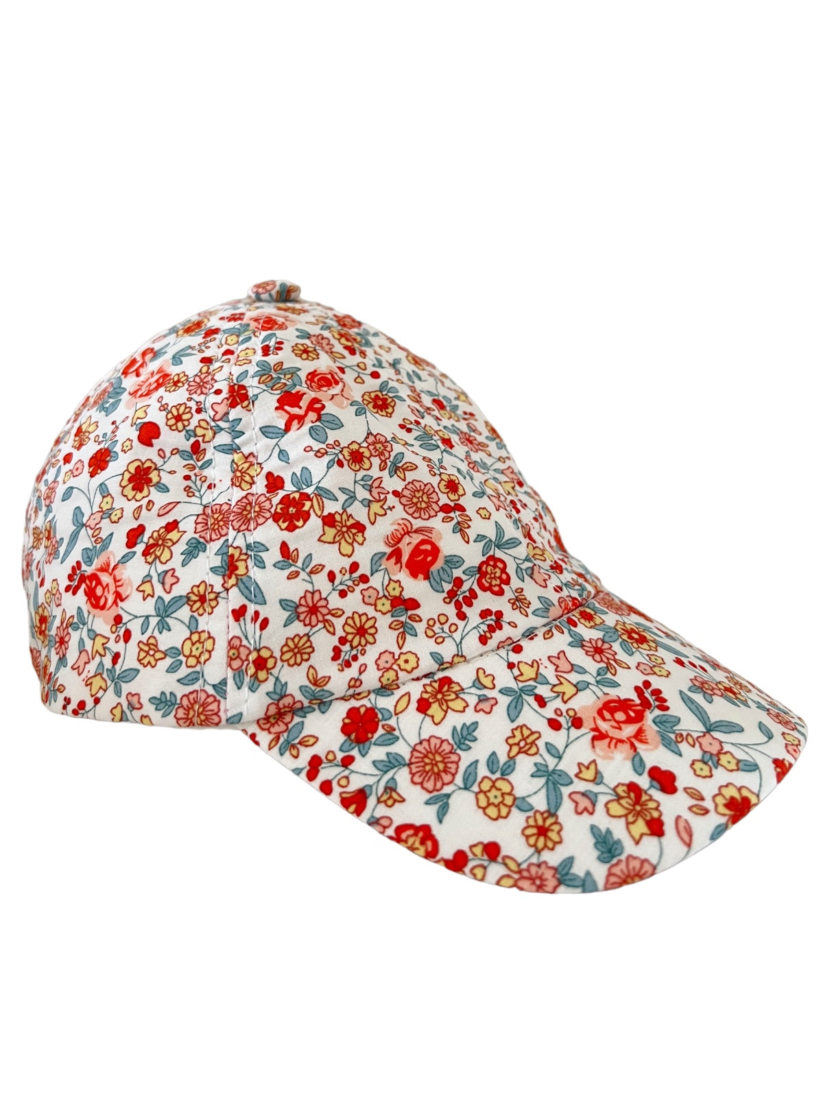 Floral-patterned cap featuring vibrant red and yellow flowers on a light background. Ideal for casual wear.