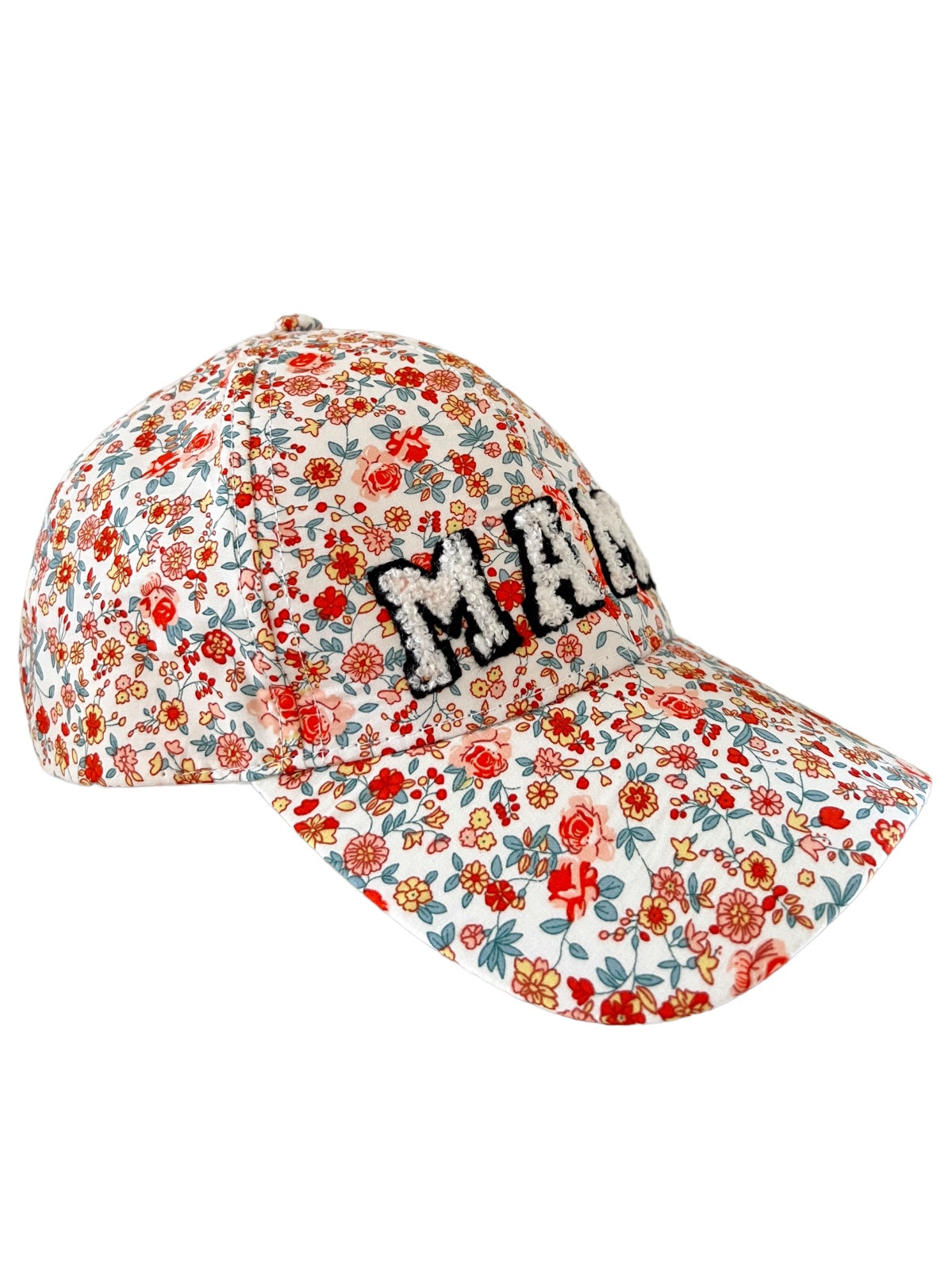 Floral-patterned baseball cap with "MAMA" embroidered on the front.