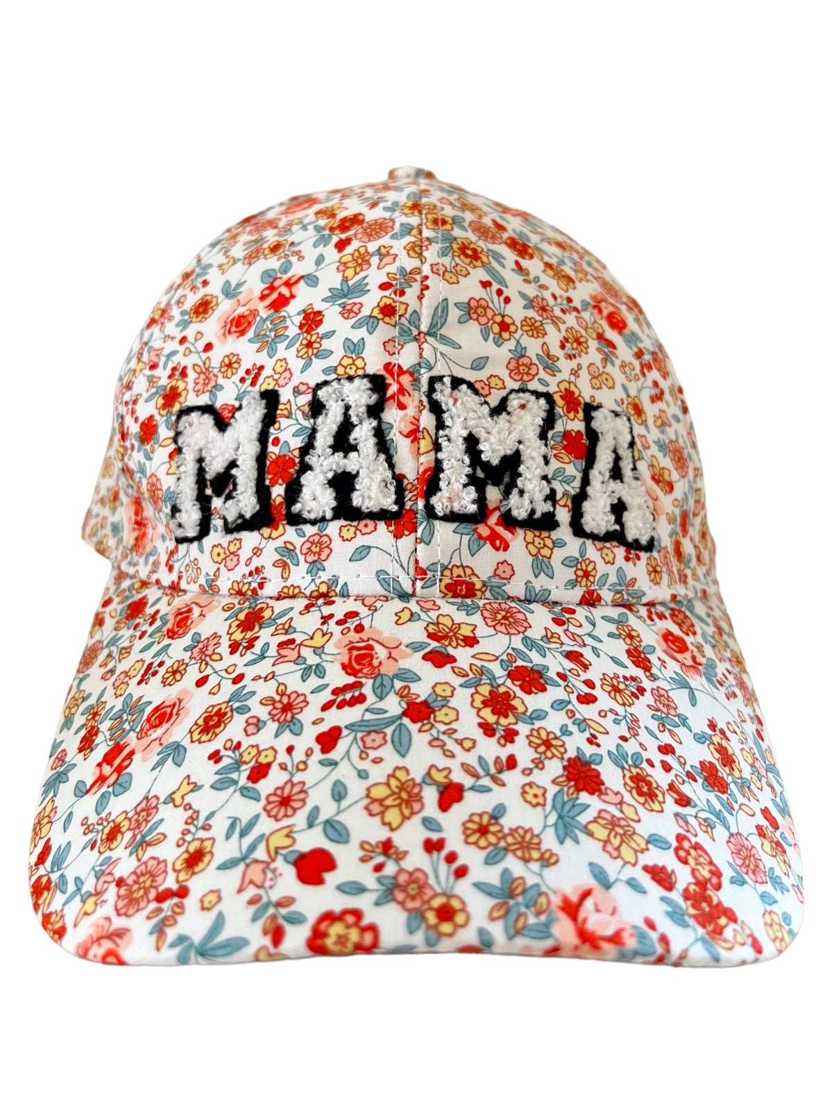 Floral cap with "MAMA" embroidered on the front in black and white.
