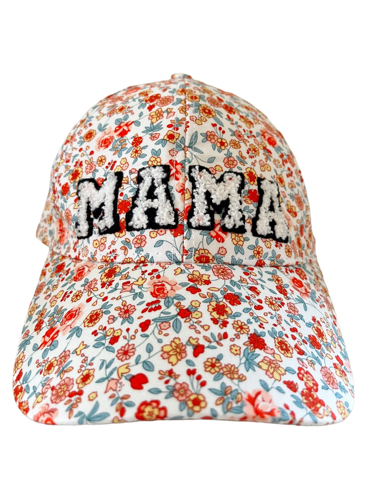 Floral cap with "MAMA" embroidered on the front in black and white.