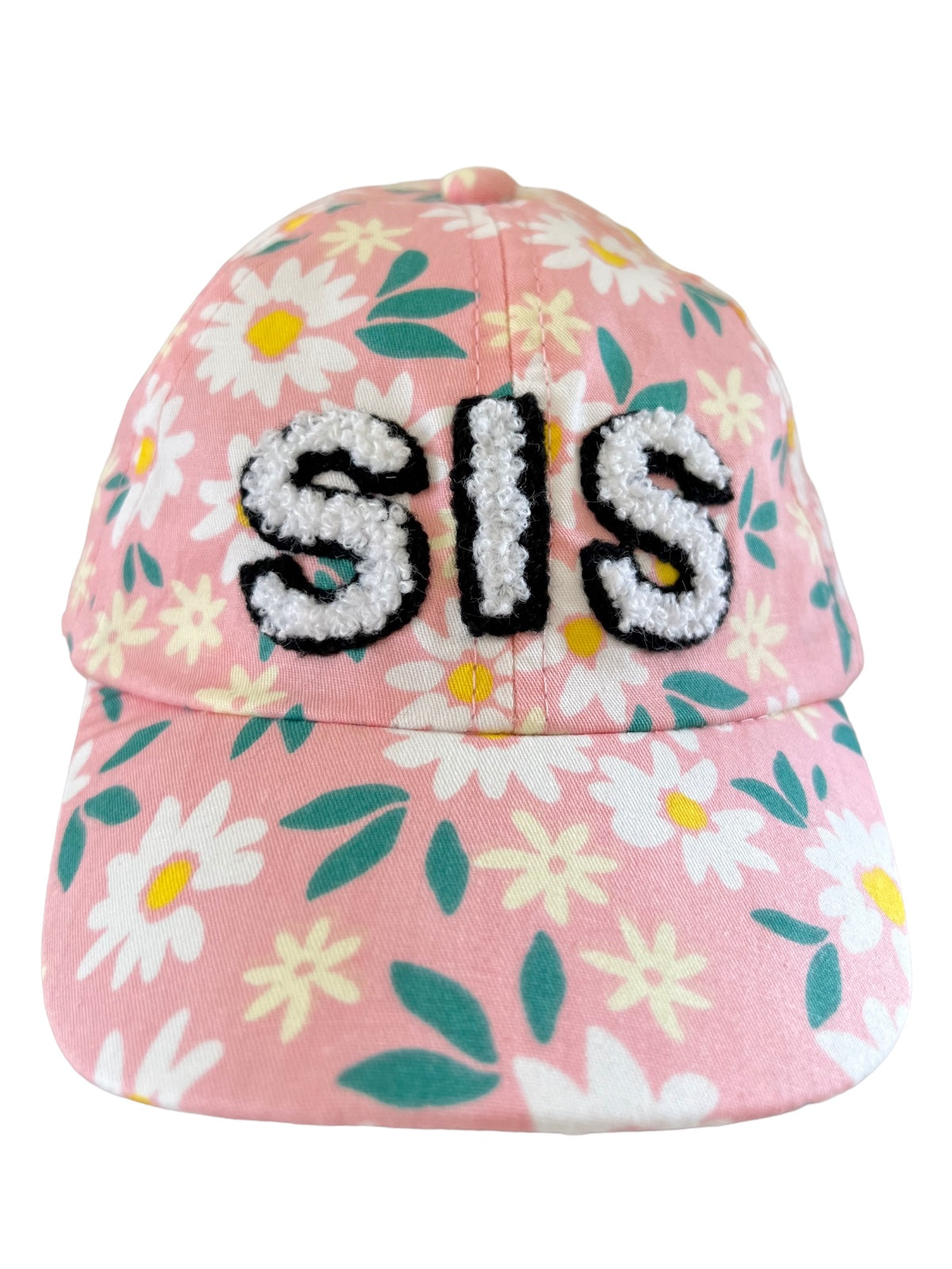 Pink floral cap with "SIS" embroidered on the front in textured letters.