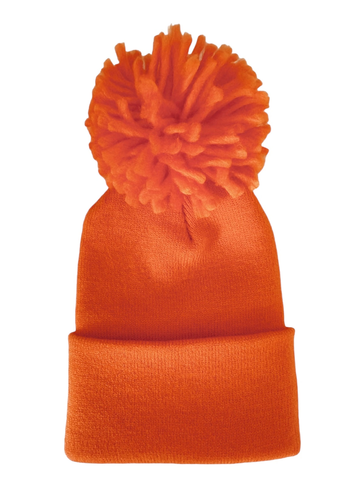 Bright orange beanie hat with a fluffy pom-pom on top, ideal for winter wear and outdoor activities.