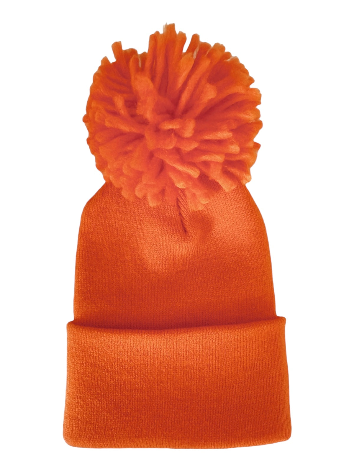 Bright orange beanie hat with a fluffy pom-pom on top, ideal for winter wear and outdoor activities.