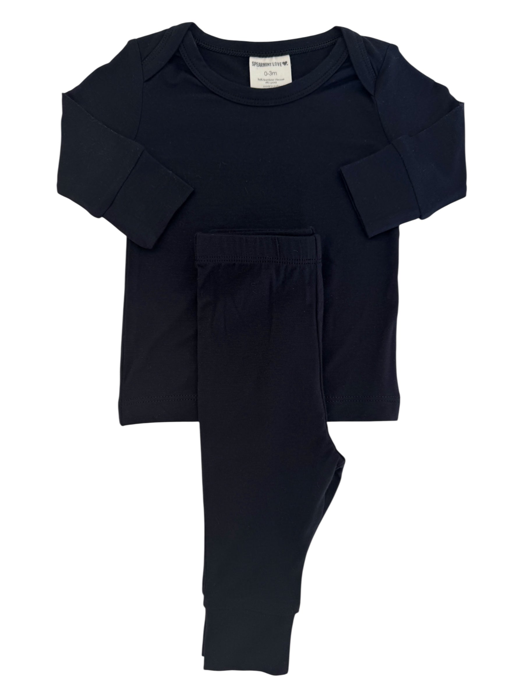 Black baby pajama set with long sleeves and matching pants, labeled for 0-3 months size.