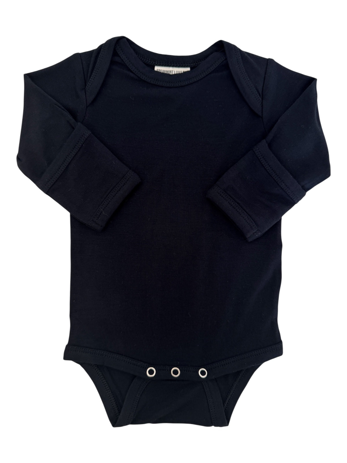 Black long-sleeve baby bodysuit with snaps at the bottom and a soft, stretchy fabric.