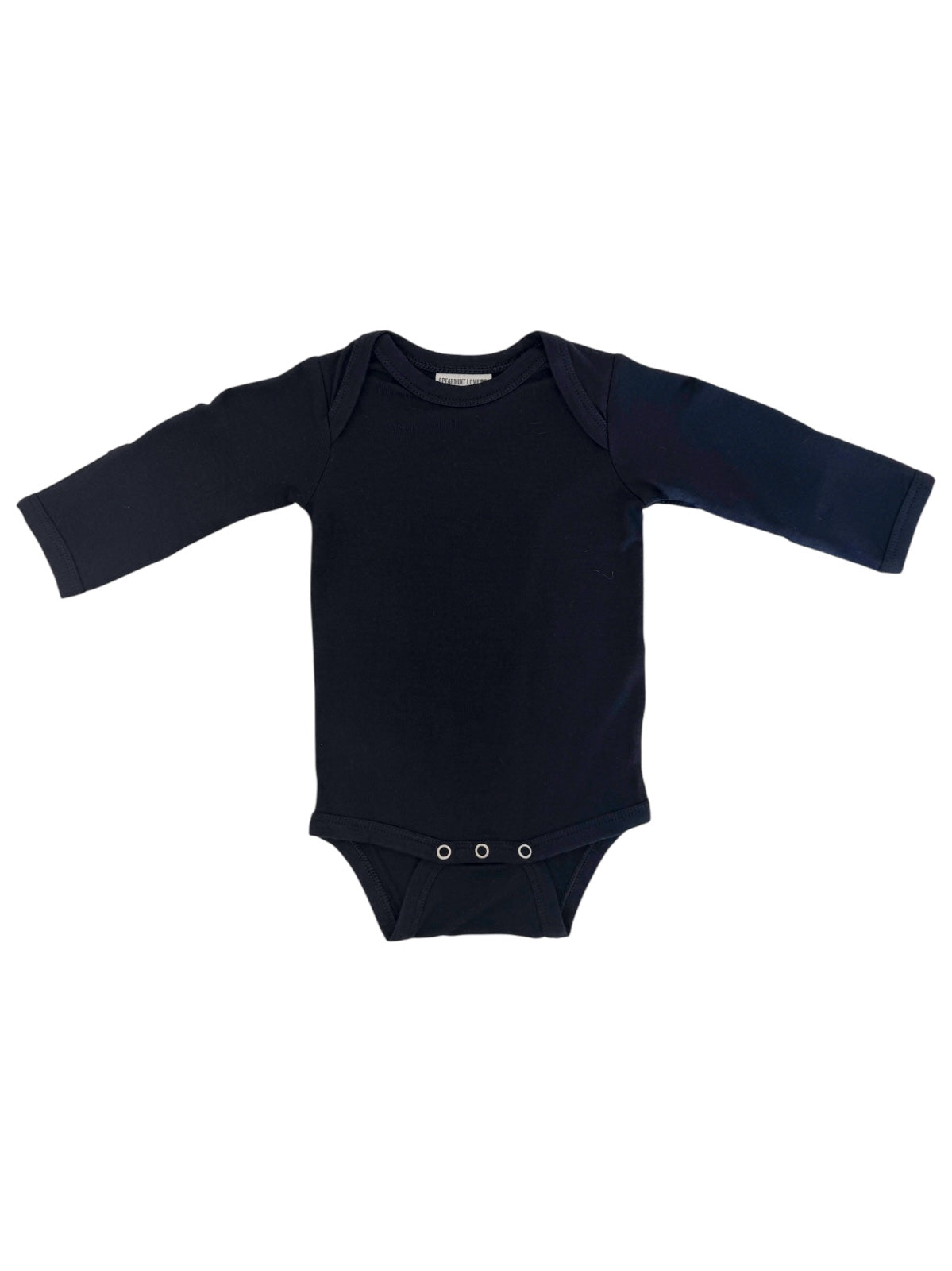 Black long-sleeve baby bodysuit with snaps at the bottom.