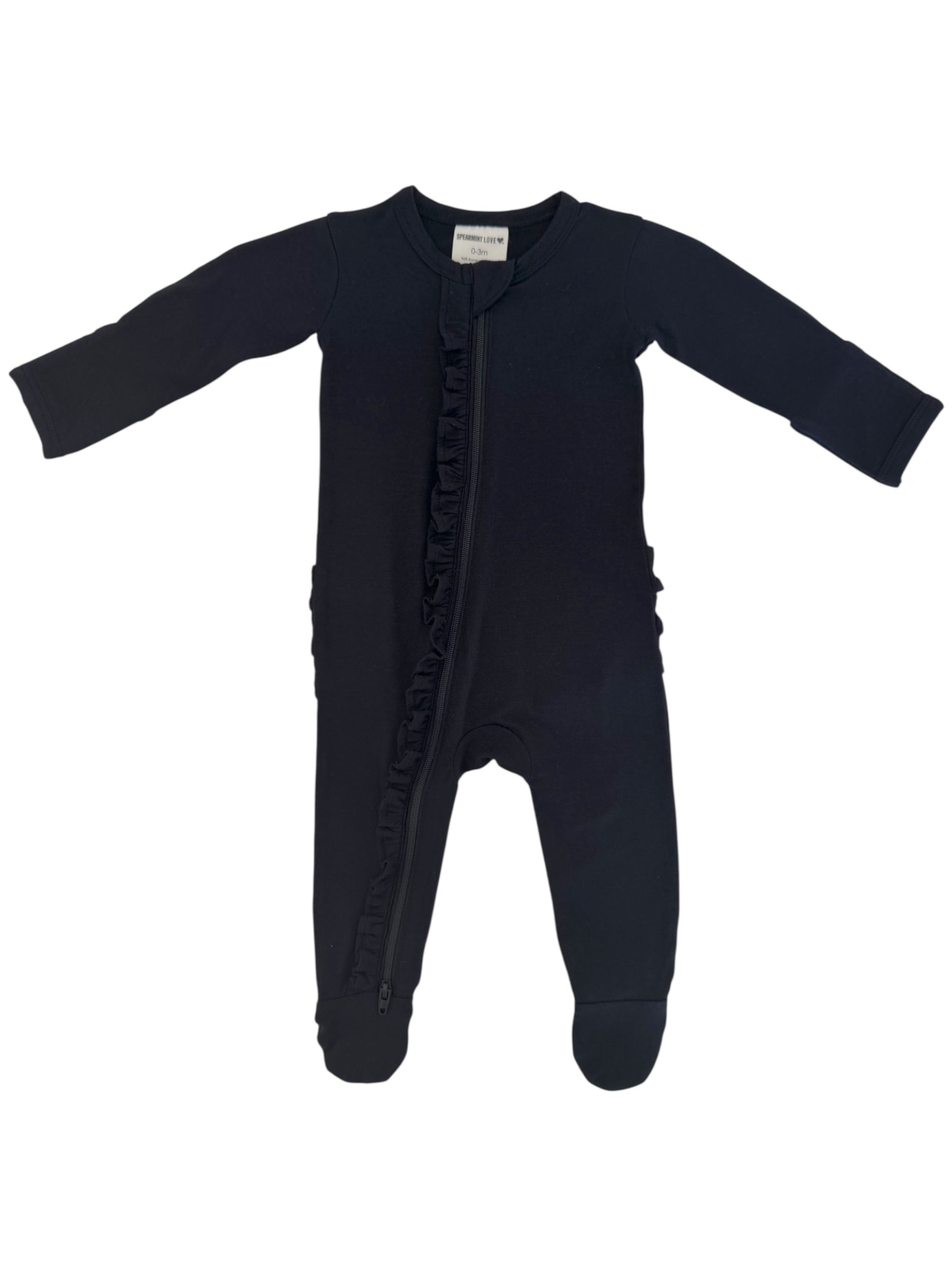 Black infant onesie with long sleeves and ruffle detail, featuring a front zipper and footed design.