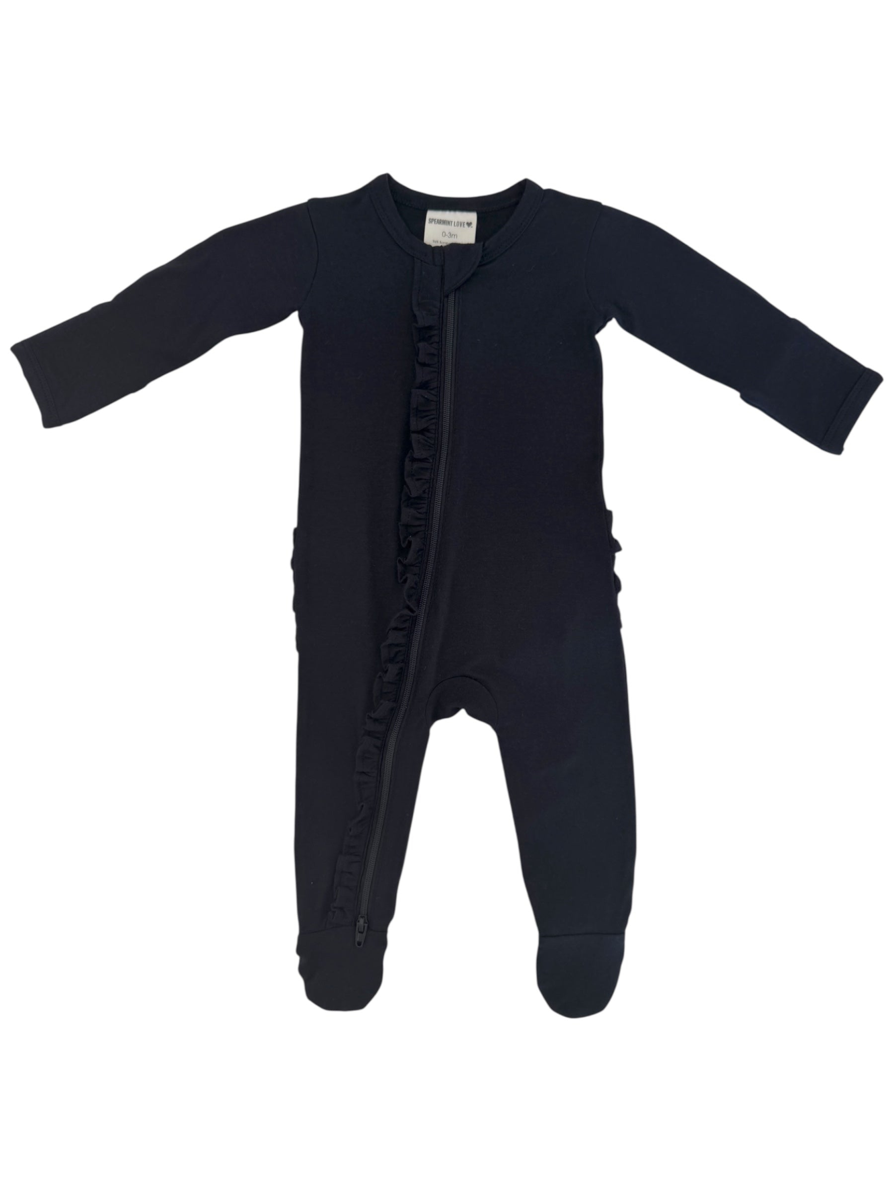 Black infant onesie with long sleeves and ruffle detail, featuring a front zipper and footed design.