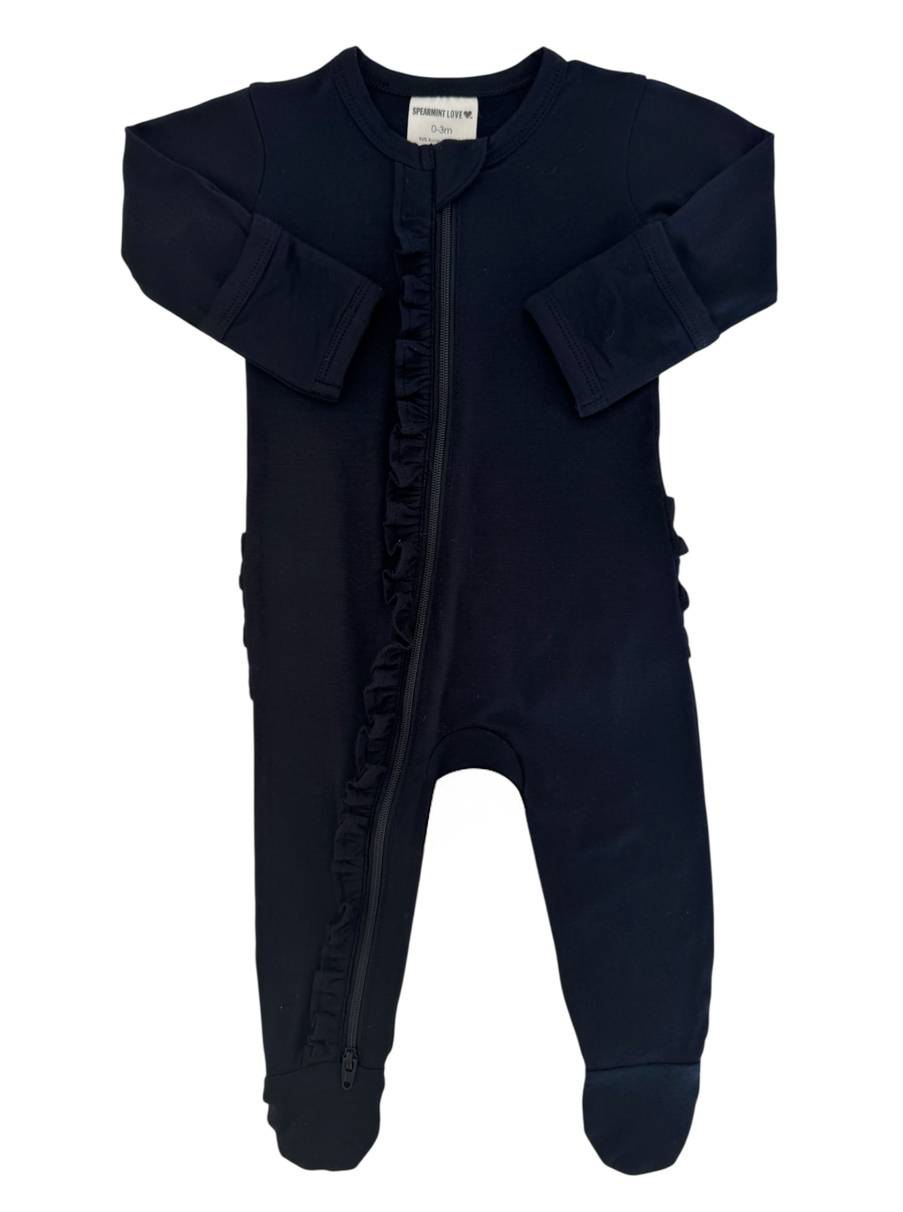Black infant onesie with ruffle detailing and front zipper, designed for comfort and easy dressing.