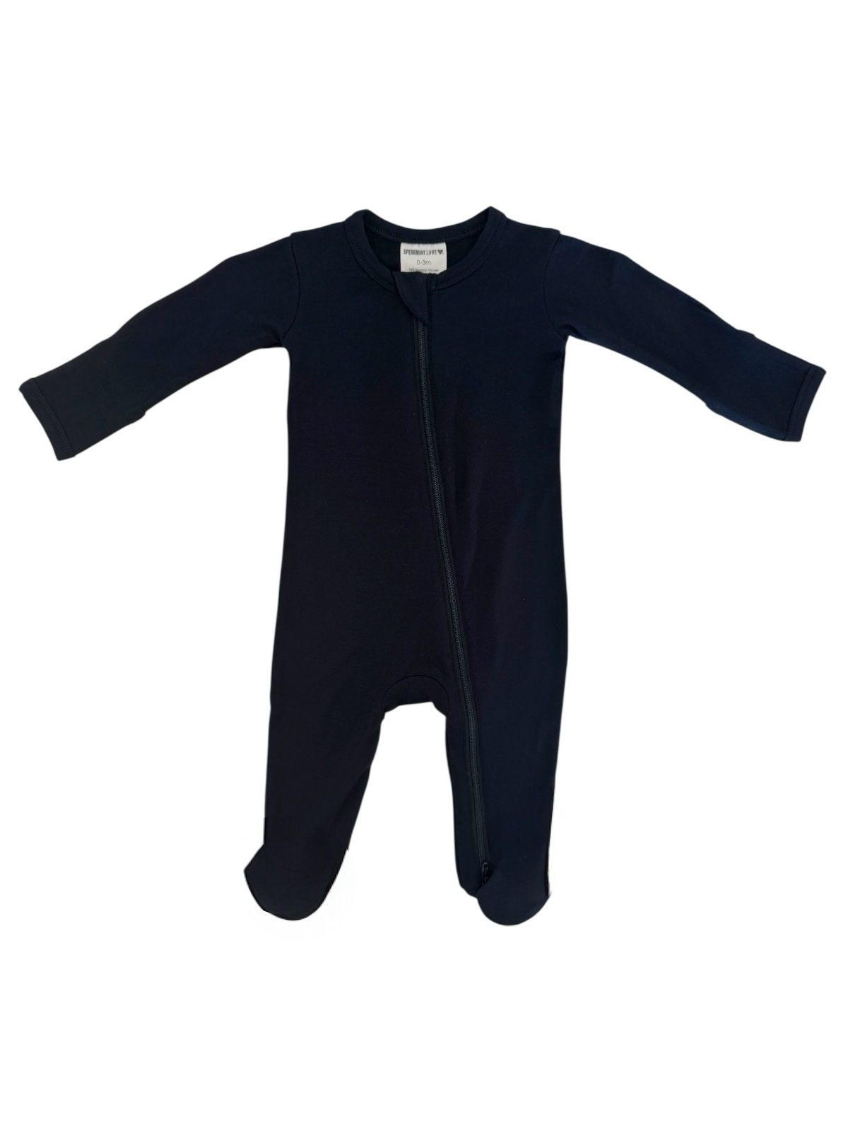 Navy blue infant onesie with long sleeves and a front zipper, designed for comfort and ease of dressing.