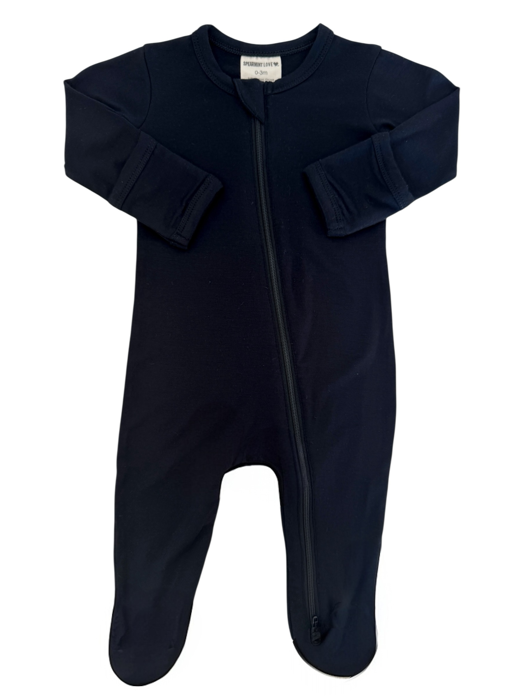 Navy blue baby onesie with a front zipper and long sleeves, suitable for infants 0-3 months.