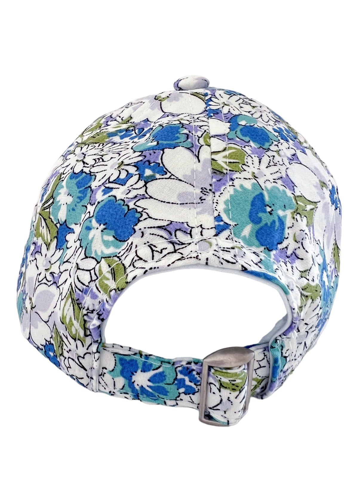 Back view of a colorful floral cap featuring blue, green, and white patterns with an adjustable strap.