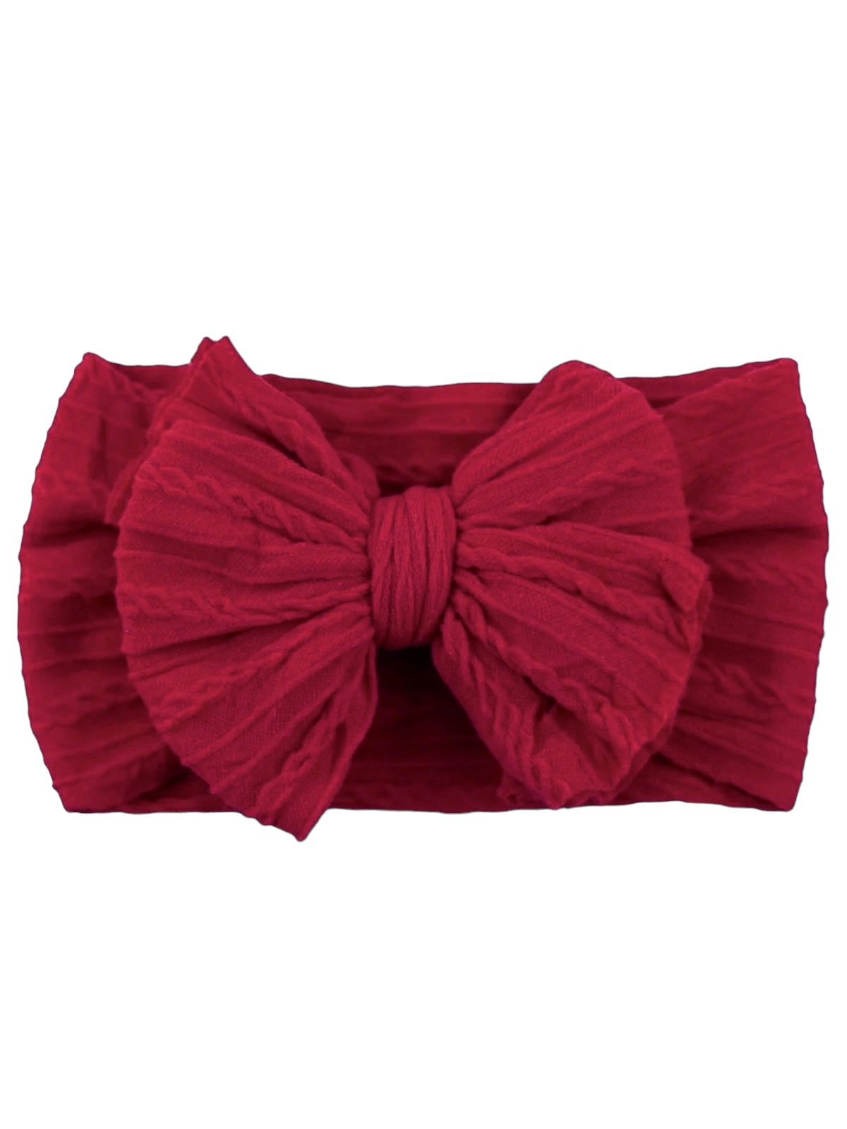Red fabric headband with a large bow, featuring a textured design and gathered fabric.