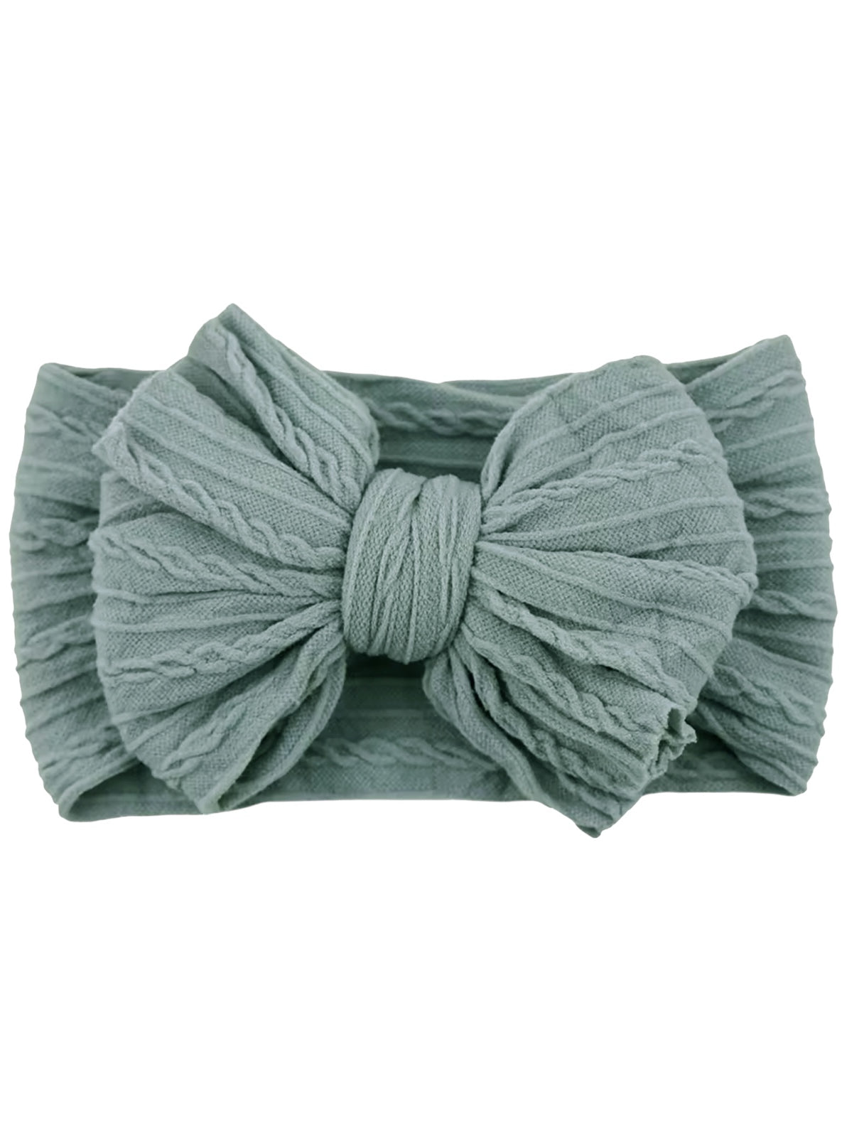 Light green fabric headband with a textured bow design. Perfect accessory for stylish looks.