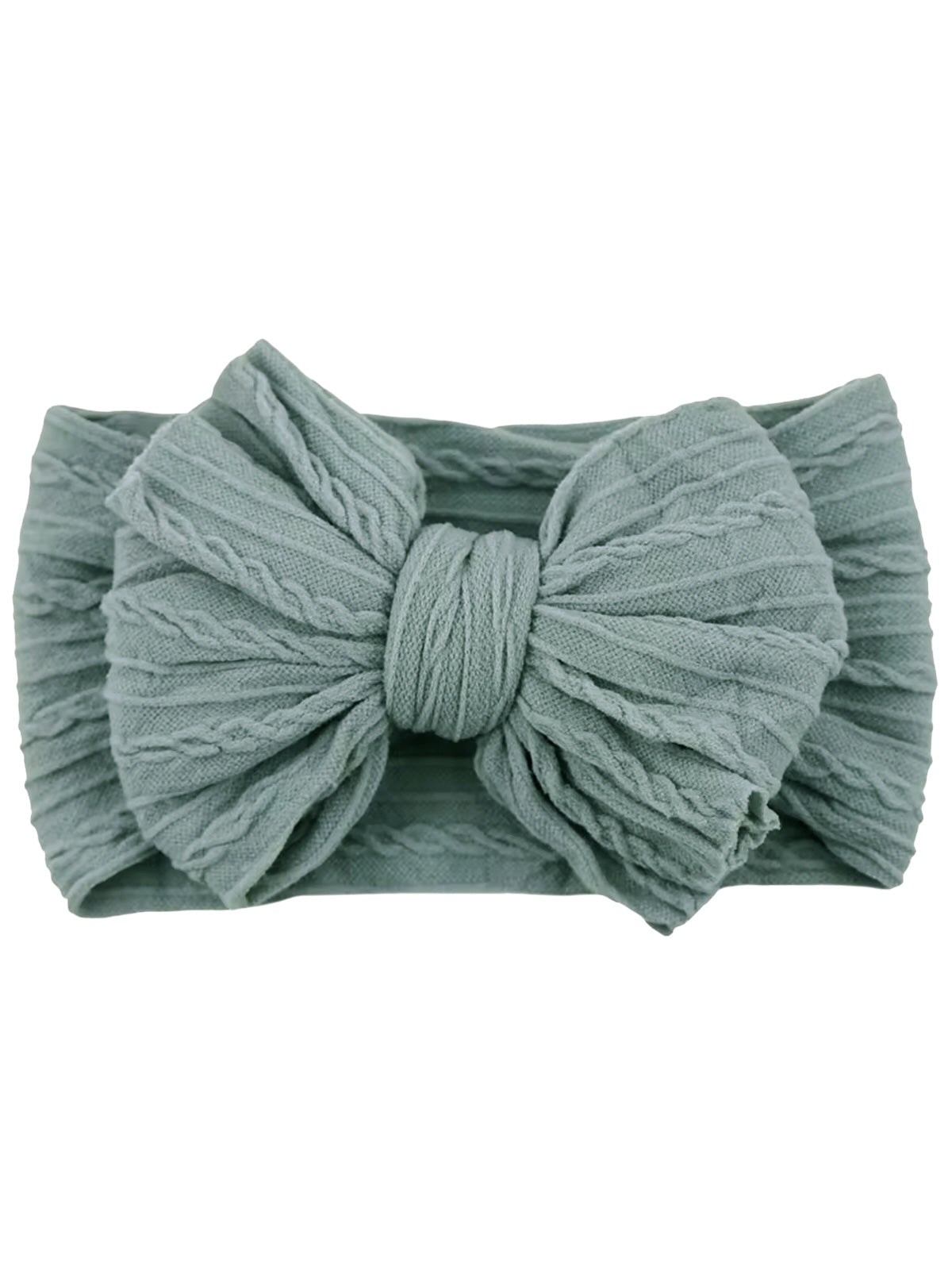 Light green fabric headband with a textured bow design. Perfect accessory for stylish looks.
