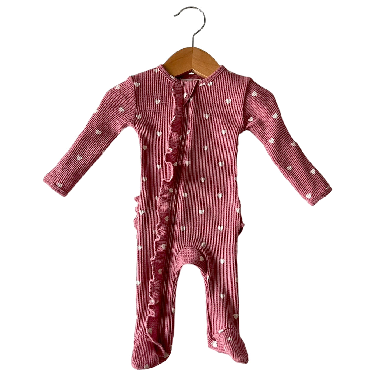 Organic Waffle Ruffle Zip Footie, Mauve Heart