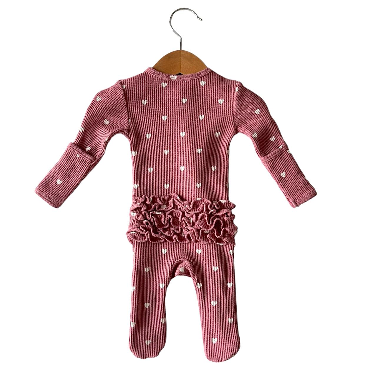 Organic Waffle Ruffle Zip Footie, Mauve Heart