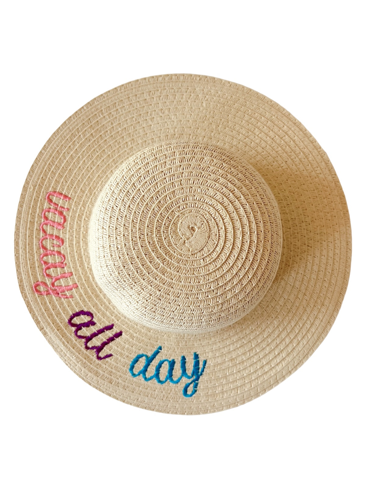 Wide-brimmed straw hat with "vacay all day" embroidered in colorful letters. Perfect for summer outings.