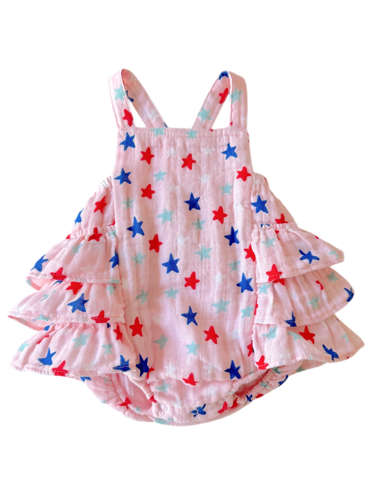 Star-patterned pink romper with ruffled sleeves and straps, perfect for summer wear.