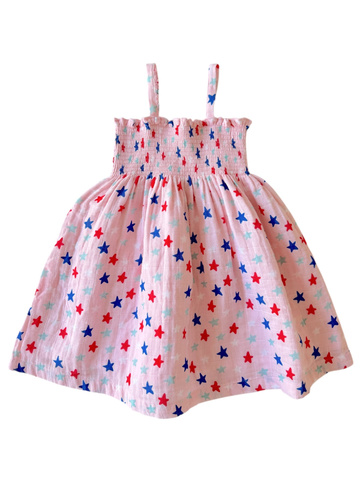 Pink dress with blue, red, and mint green star patterns and adjustable straps. Ideal for casual summer wear.