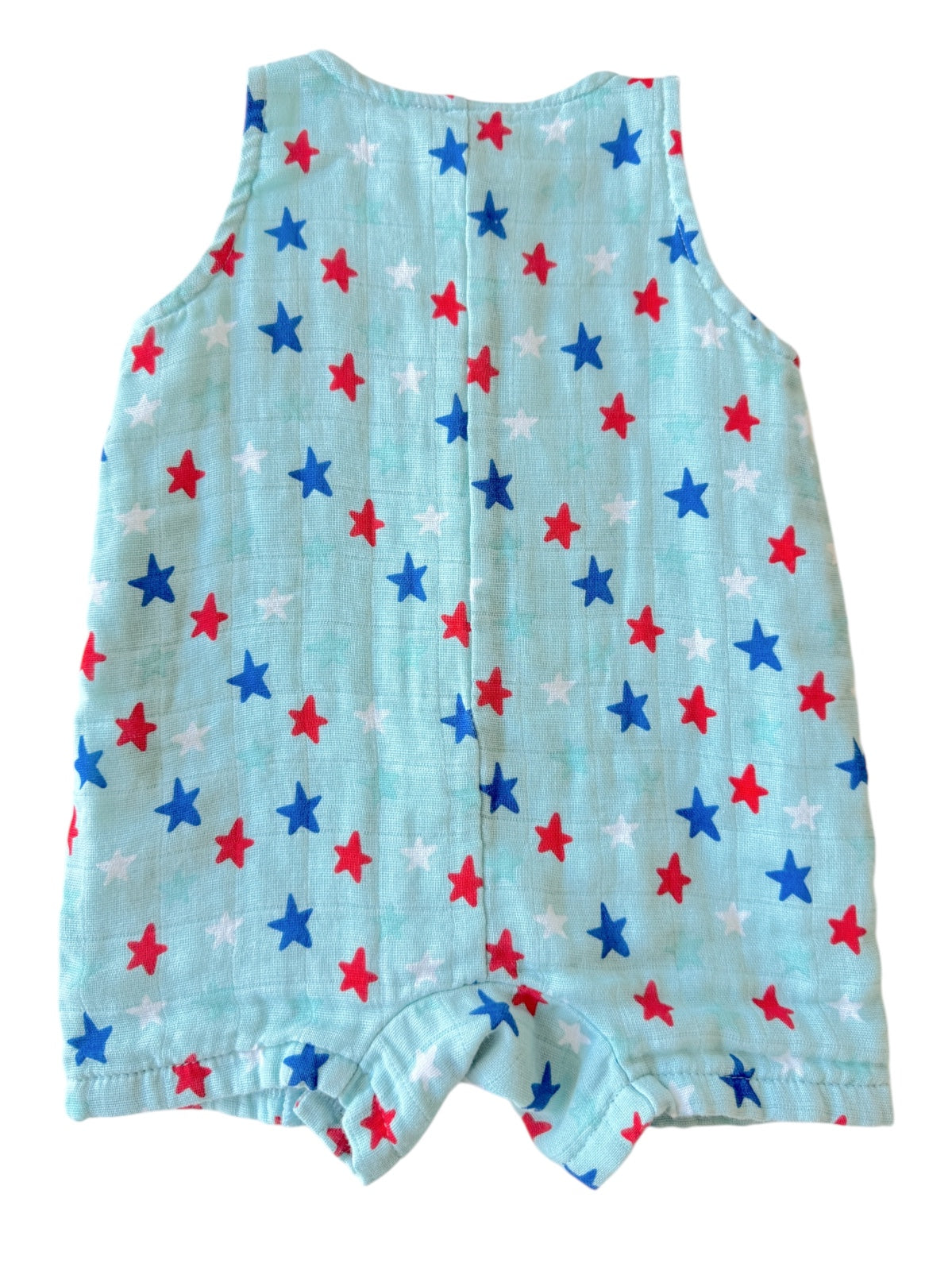 Light blue romper with red, white, and blue star pattern, featuring a sleeveless design and snap closure.