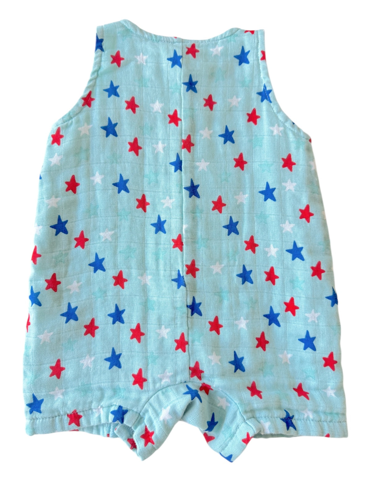 Light blue romper with red, white, and blue star pattern, featuring a sleeveless design and snap closure.