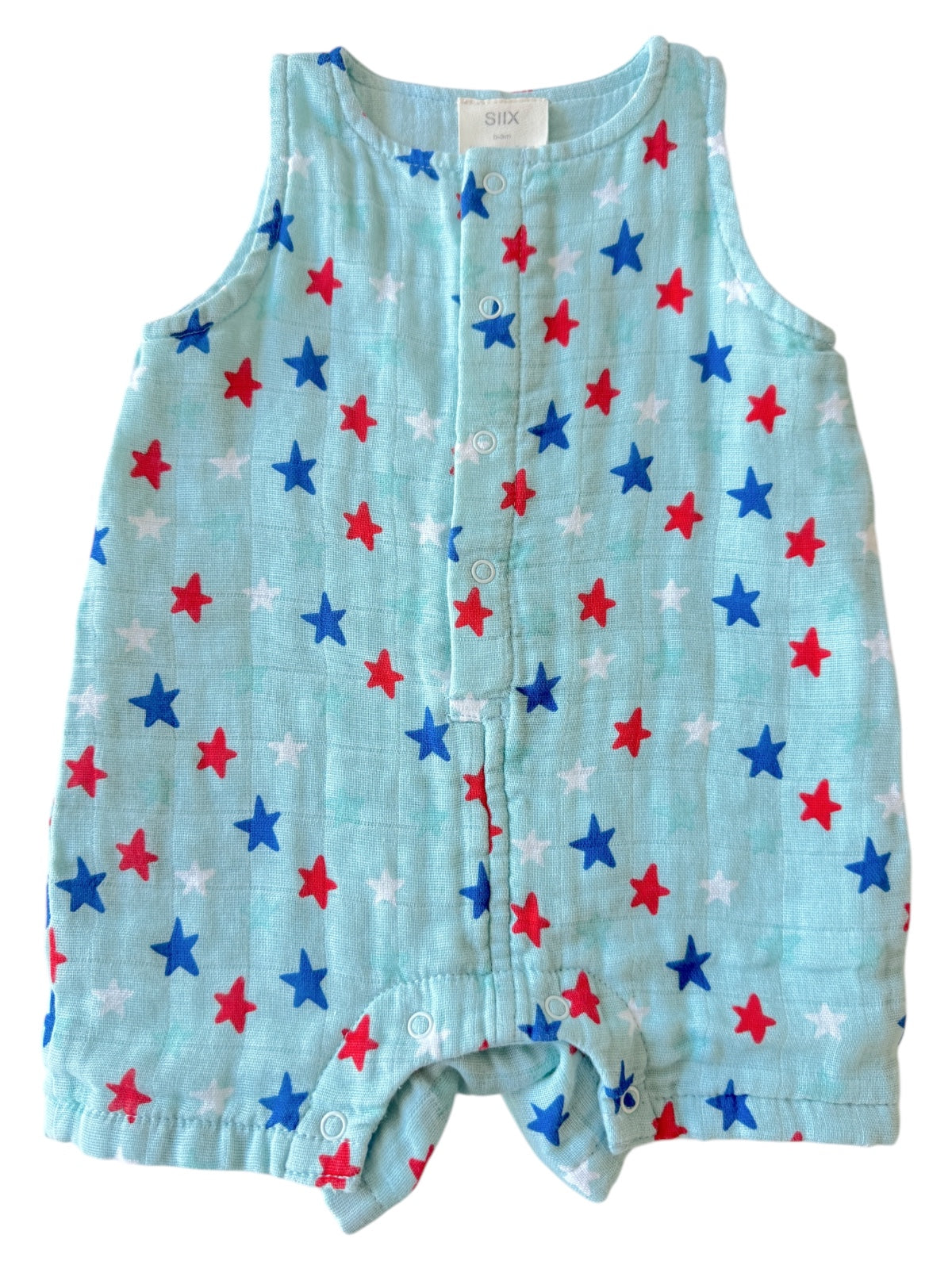 Light blue sleeveless baby romper with red, white, and blue star pattern and front snap closures.