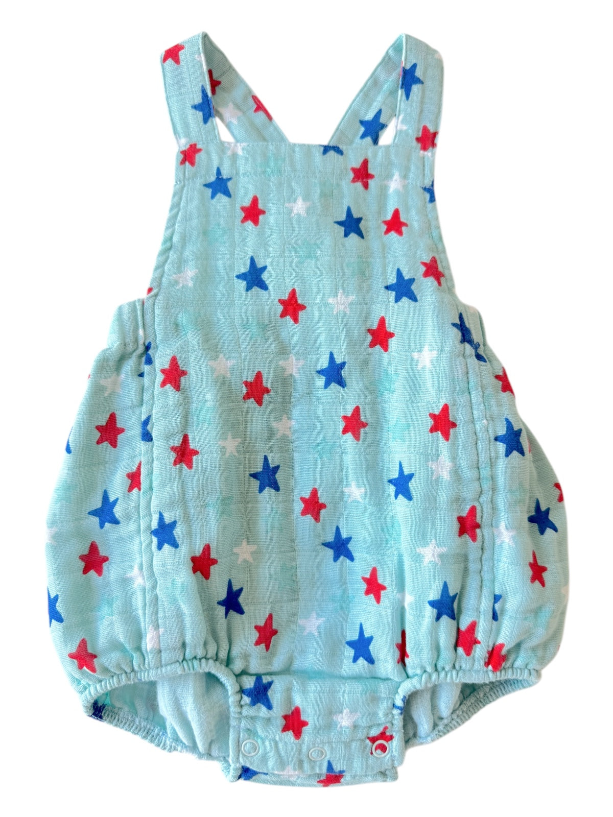 Light blue baby romper with a star pattern in red, white, and blue, featuring straps and snap closures.