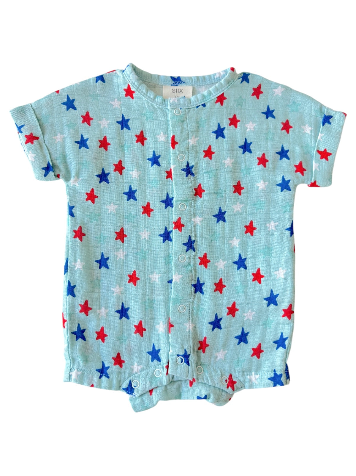Light blue baby romper with red, white, and blue star patterns, featuring short sleeves and button closure.