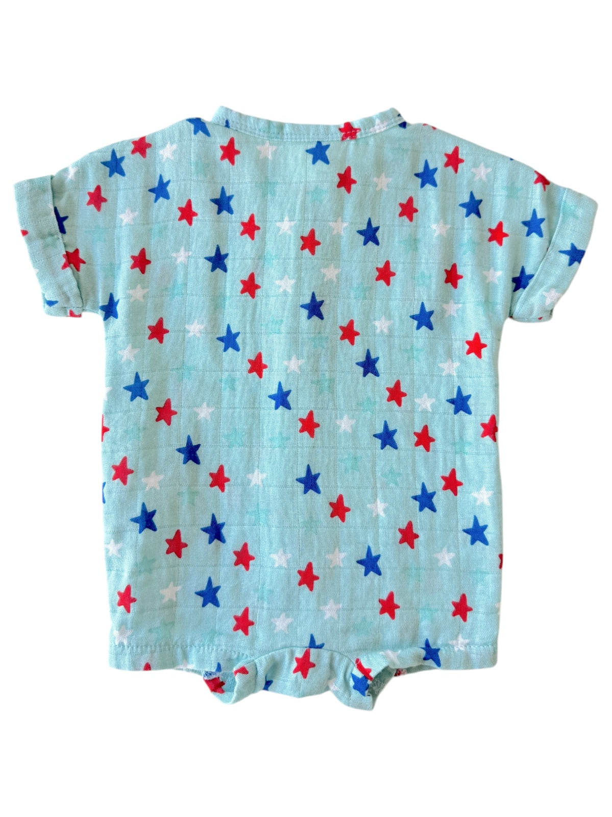 Blue, red, and white star-patterned baby onesie on a light mint green background.