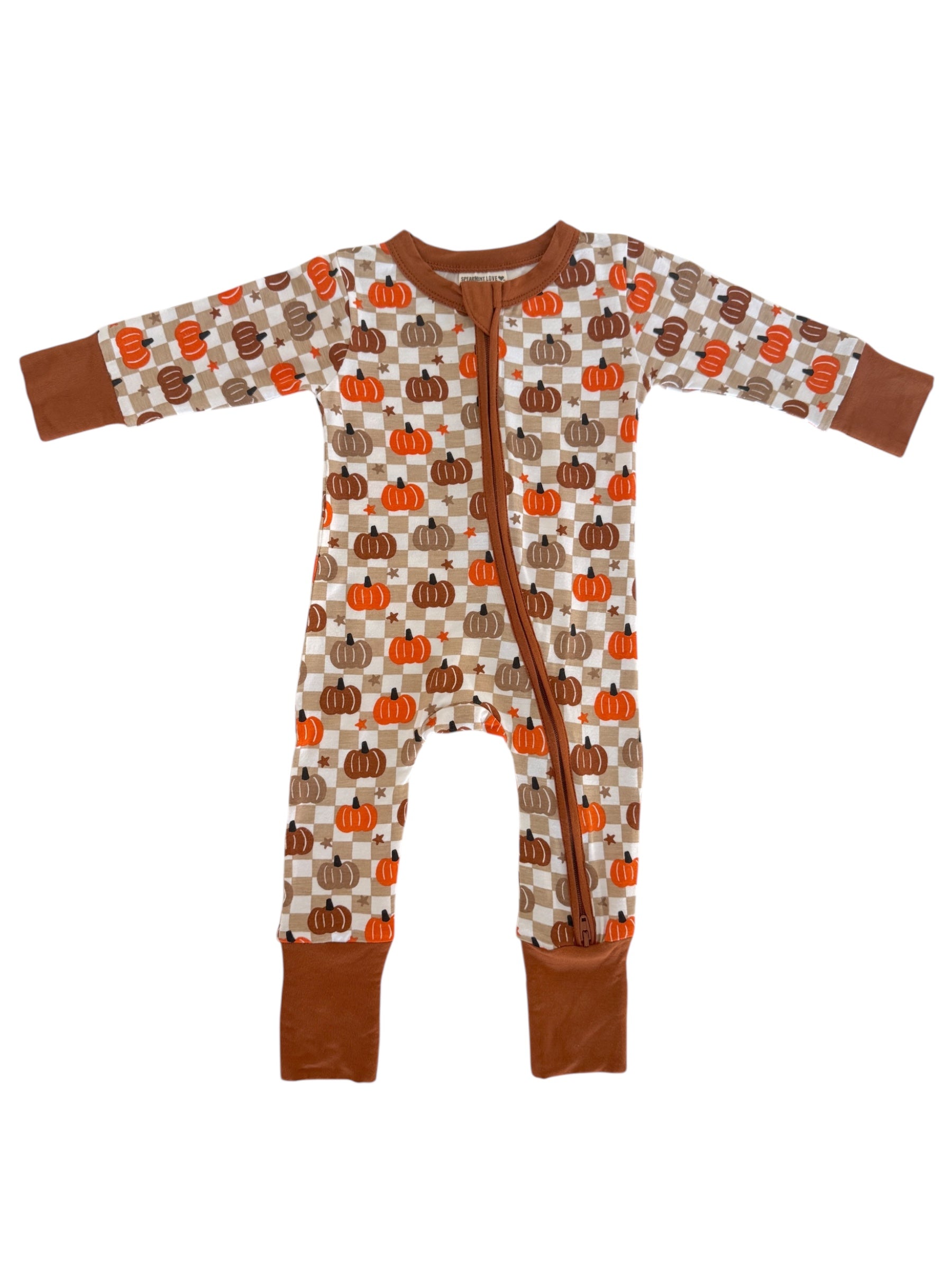 Infant jumpsuit featuring a pumpkin print in orange and brown, with a front zipper and long sleeves.