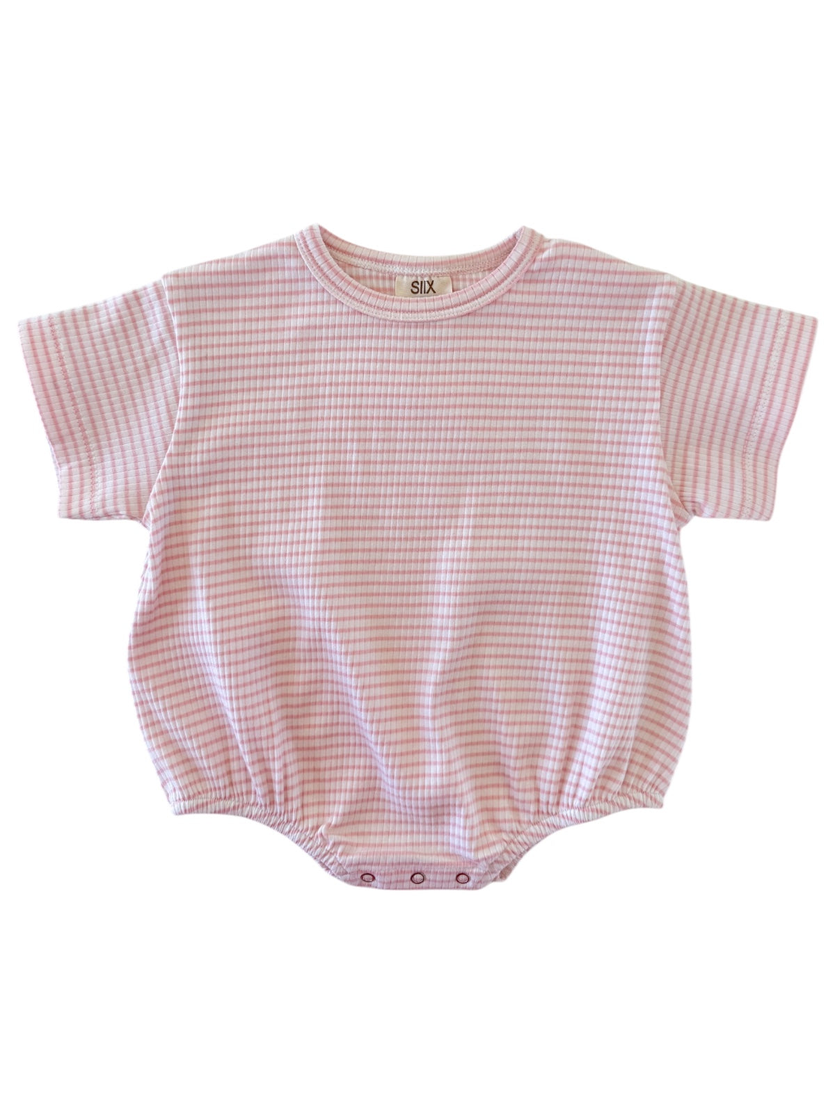 Pink and white striped baby onesie with short sleeves and a gathered bottom.