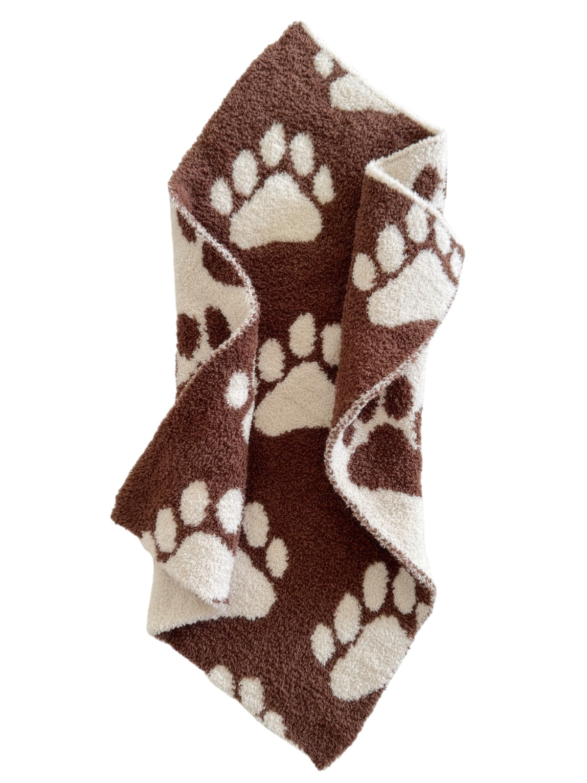 Brown and white towel with a paw print pattern, elegantly folded.