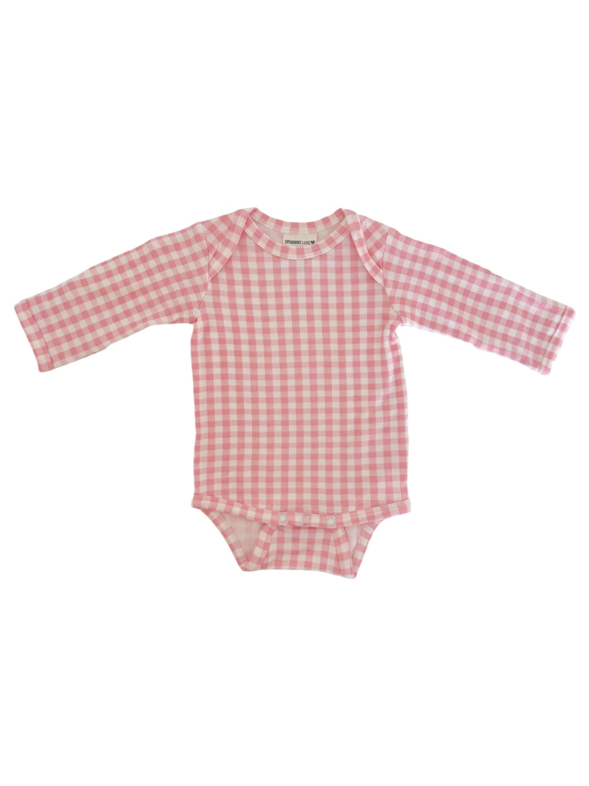 Light pink gingham long-sleeve onesie for infants with snap closure at the bottom.