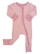 Pink checkered baby onesie with long sleeves and a front zipper design.