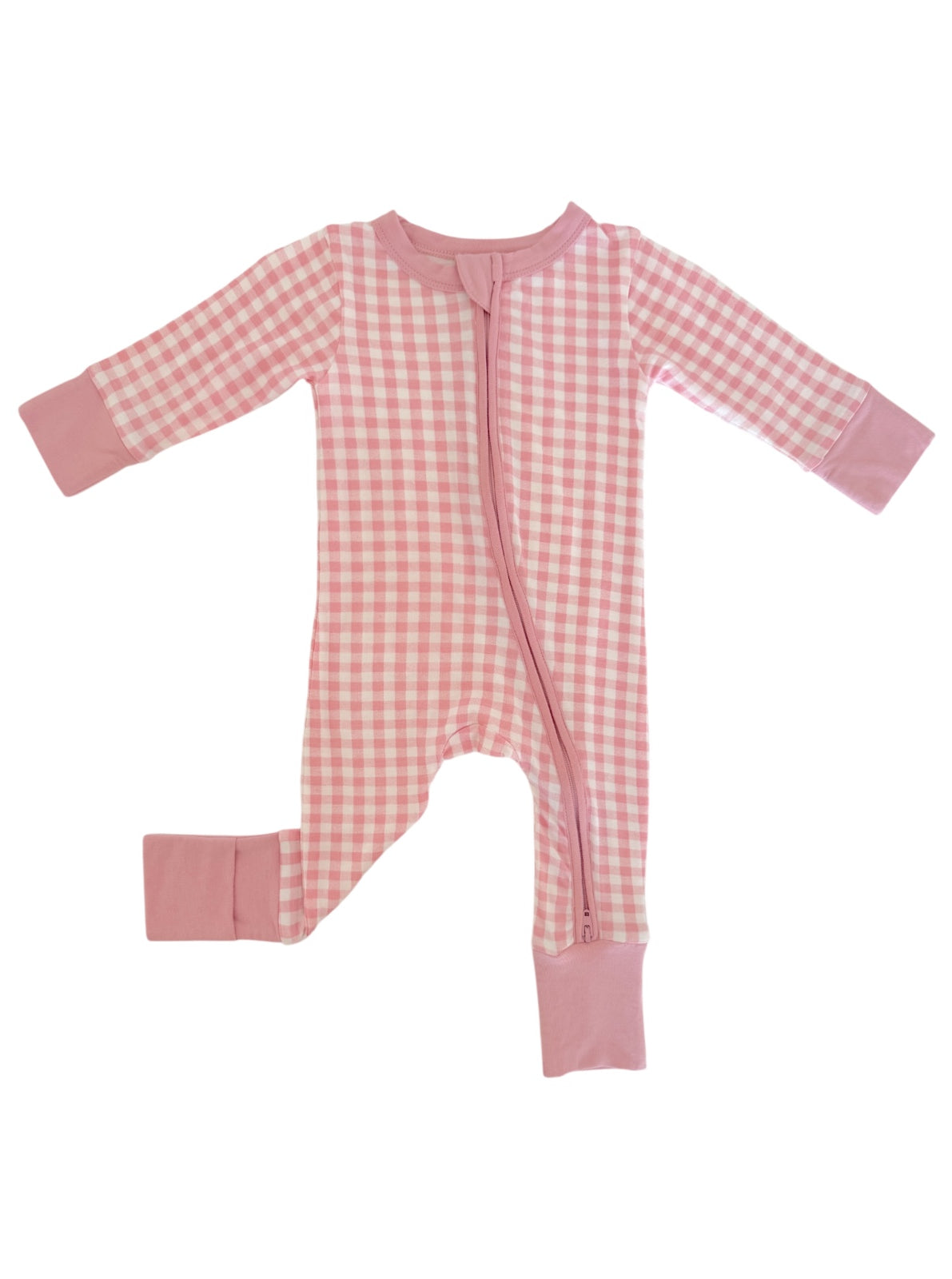 Pink checked baby onesie with long sleeves and a front zipper, ideal for comfortable sleep.