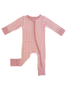 Pink checked baby onesie with long sleeves and a front zipper, ideal for comfortable sleep.