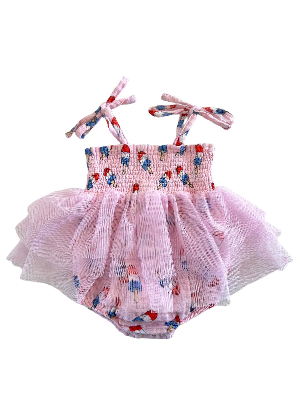 Pink baby dress with ice cream print and tulle skirt, featuring adjustable tie straps.