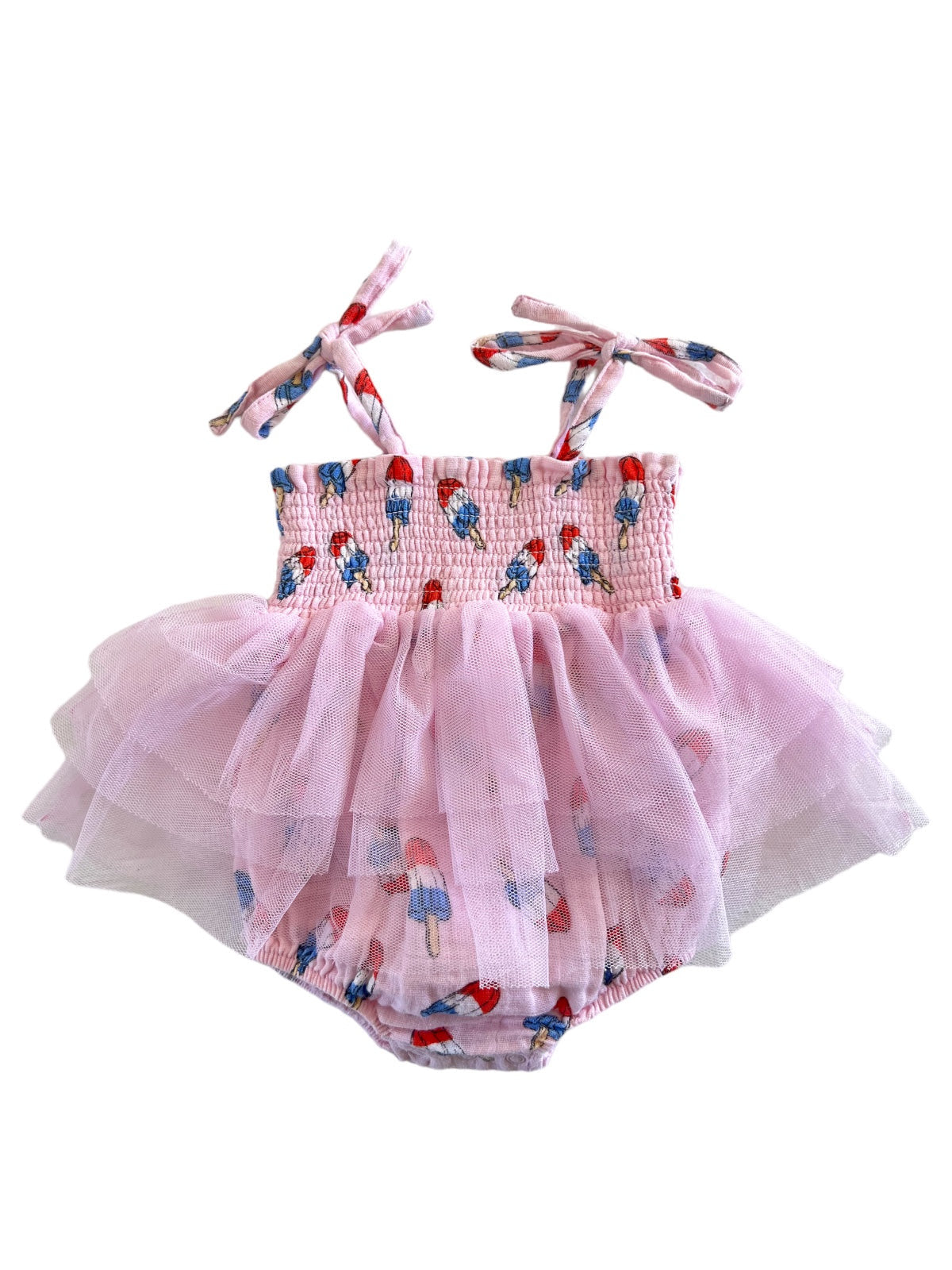 Pink baby dress with ice cream print and tulle skirt, featuring adjustable tie straps.