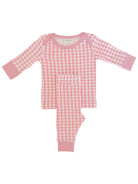 Pink gingham pajama set featuring long sleeves and matching pants, perfect for cozy nights.